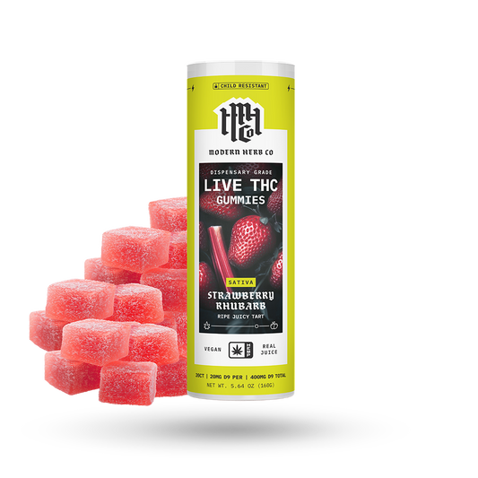 20ct Modern Herb Co Live D9 20mg Gummies 6 Pack: Daytrip Strawberry Rhubarb