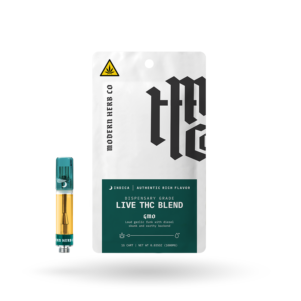 Live THC Vape Cartridge: GMO (Indica) 1g - 12 Pack (D8)