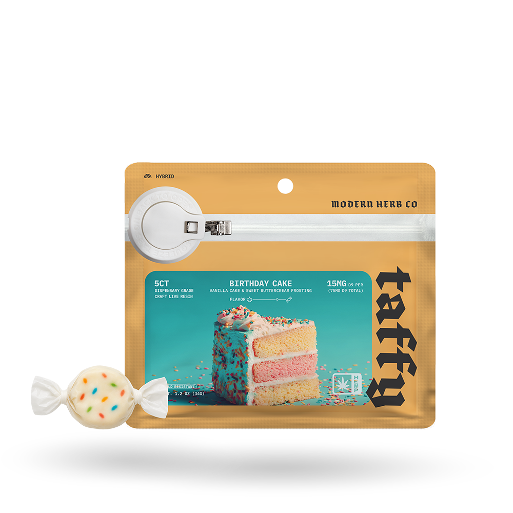 Live Resin D9 Taffy: Birthday Cake (Hybrid), 5ct, 12pk