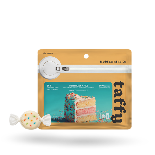 Live Resin D9 Taffy: Birthday Cake (Hybrid), 5ct, 12pk