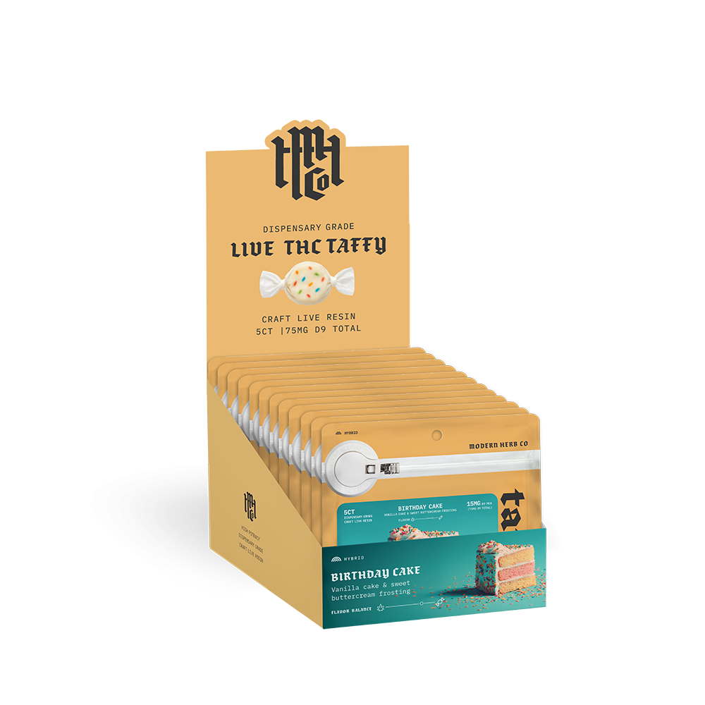 Live Resin D9 Taffy: Birthday Cake (Hybrid), 5ct, 12pk